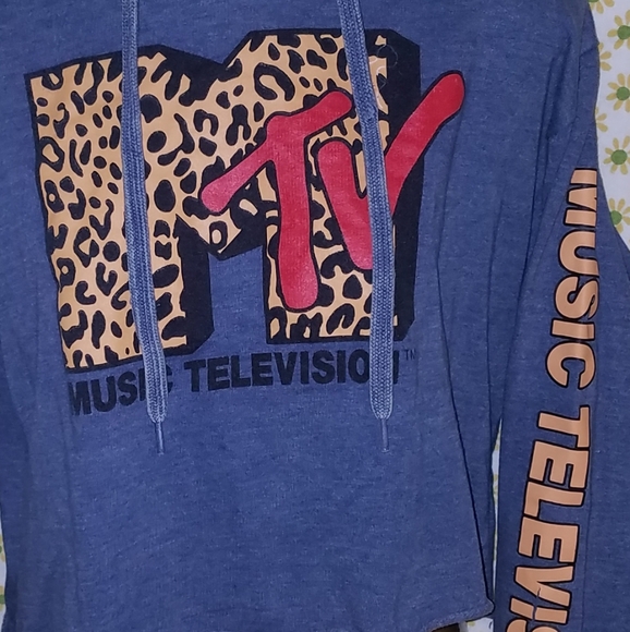Chambray Blue MTV Brand Music Television Cropped Hoodie Sweatshirt - Picture 2 of 5